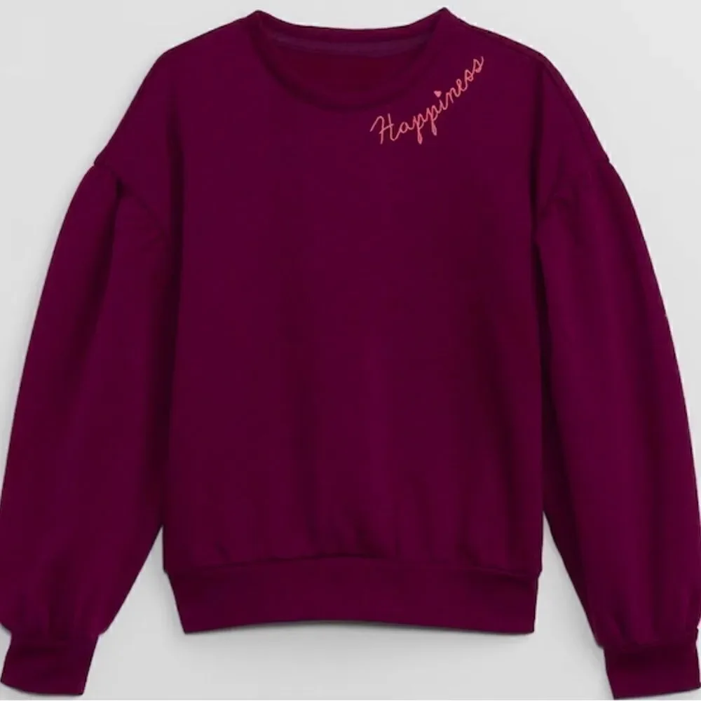 NWOT Gap Girls Relaxed Maroon Comfy Fleece “Happiness” Sweatshirt -Size Large